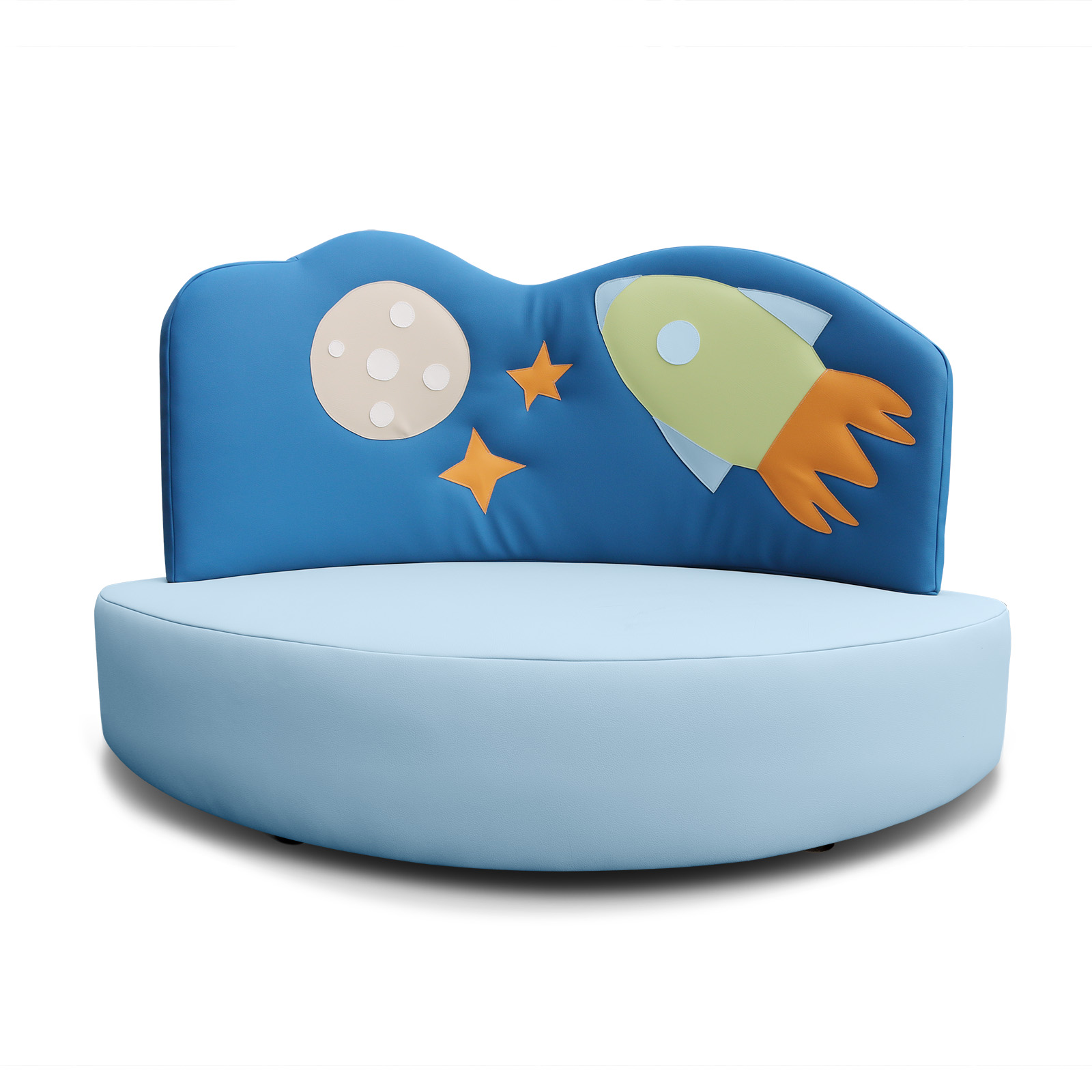 Frontalansicht des Kindersofas Rakete, erhältlich in Sitzhöhe 25 cm und 38 cm, gemütliches Sofa für Kinder in Kita, Krippe und Zuhause
