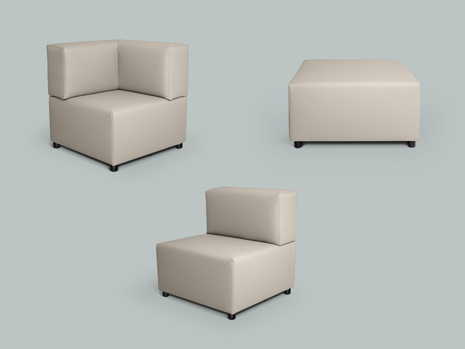 Modulares Sofa bestehend aus Eckmodul, Mittelmodul und Hocker in vielen Farben