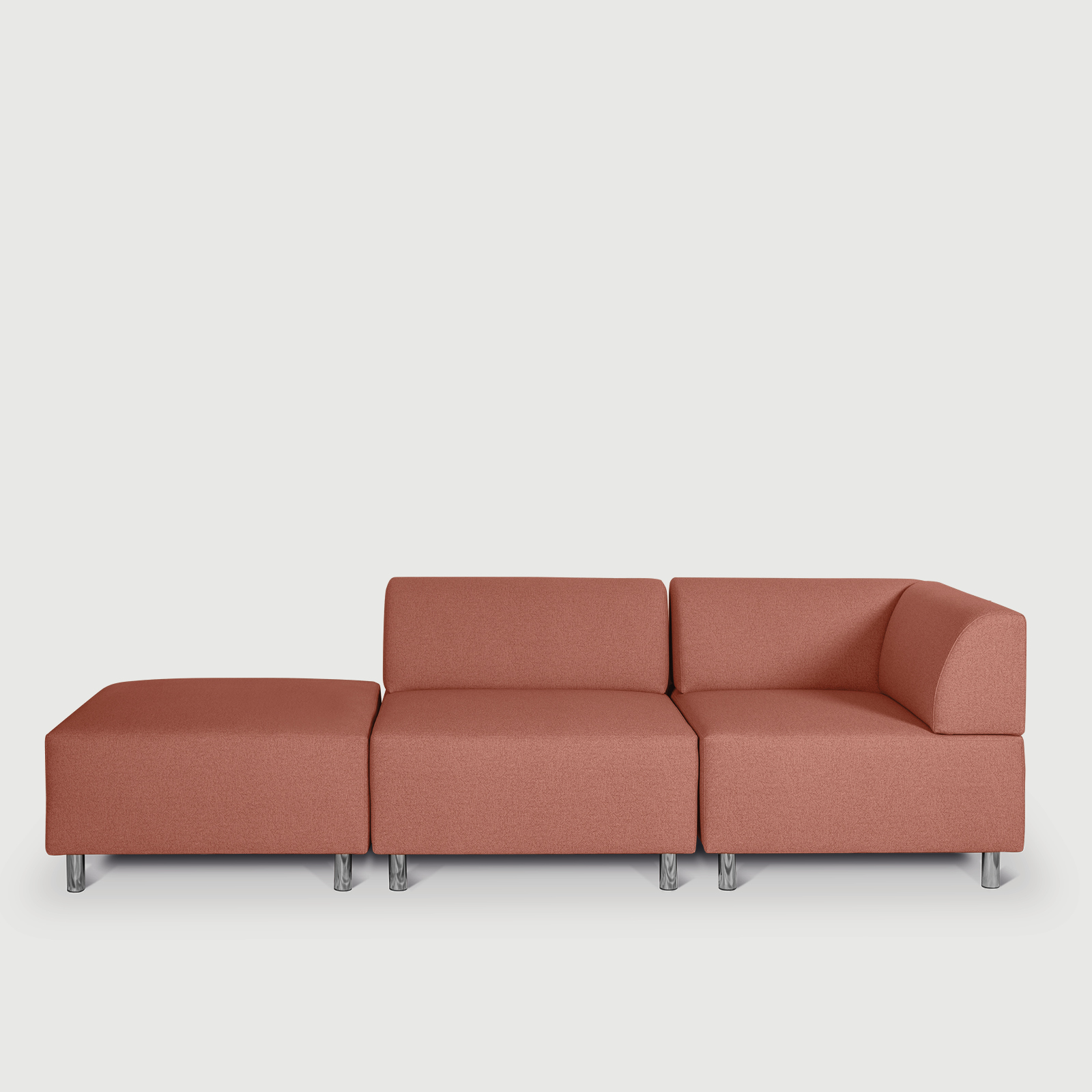 modernes rosafarbenes Sofa, bestehend aus einem Hocker, einem Mittelmodul und einem Eckmodul. 