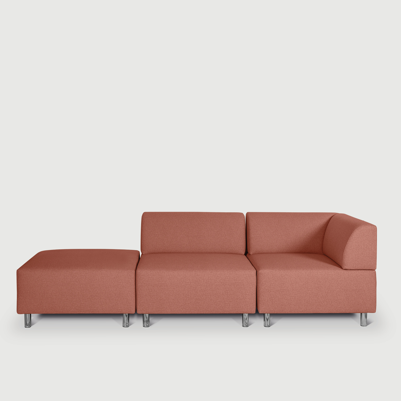 modernes rosafarbenes Sofa, bestehend aus einem Hocker, einem Mittelmodul und einem Eckmodul. 