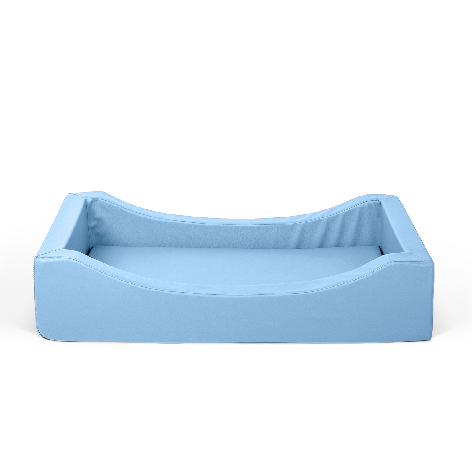 Babybett oder Kinderbett aus Vollschaum bezogen mit Kunstleder hellblau und einer hygienischen Matratze bezogen mit Kunstleder 