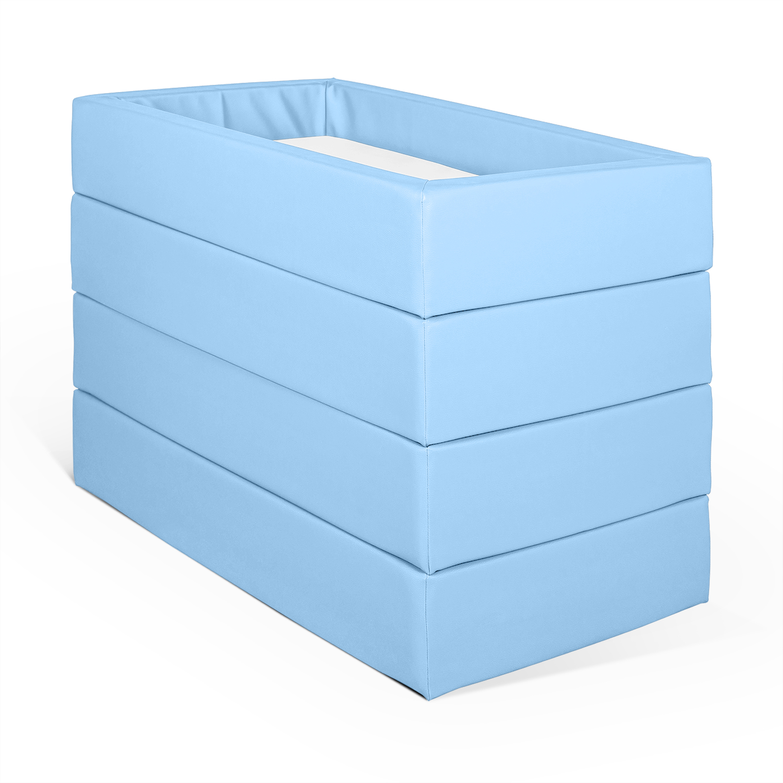 Gestapeltes Babybett oder Kinderbett aus Vollschaum bezogen mit Kunstleder hellblau und einer hygienischen Matratze in Kunstleder weiß