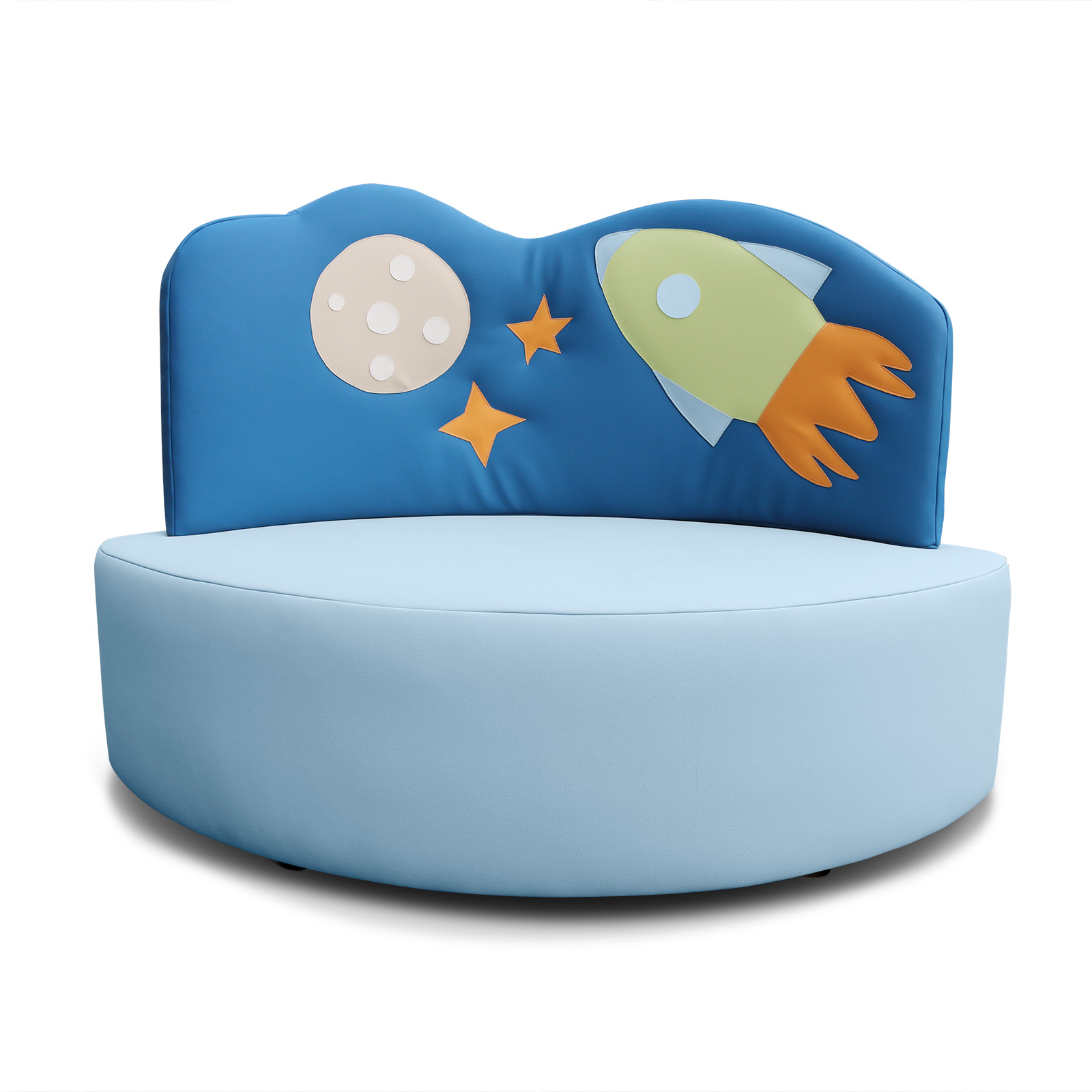 Frontalansicht des Kindersofas Rakete, erhältlich in Sitzhöhe 25 cm und 38 cm, gemütliches Sofa für Kinder in Kita, Krippe und Zuhause