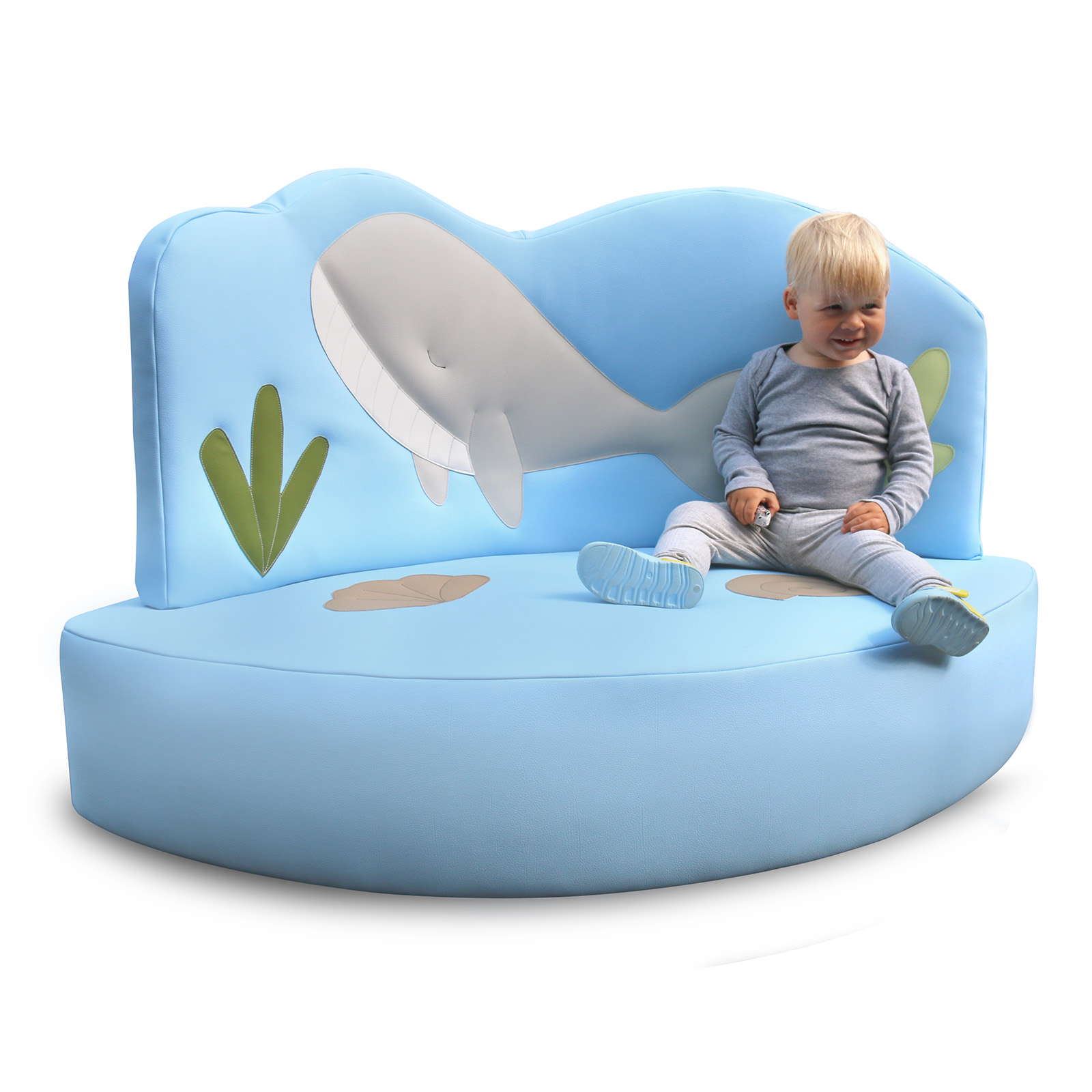 Kindersofa WAL mit Kind Sitzhöhe 25 cm Kindersofa WAL mit Kind mit Wal-Motiv – Handarbeit aus Deutschland, Kunstleder, kinderfreundliche Sitzhhöhe 25 cm
