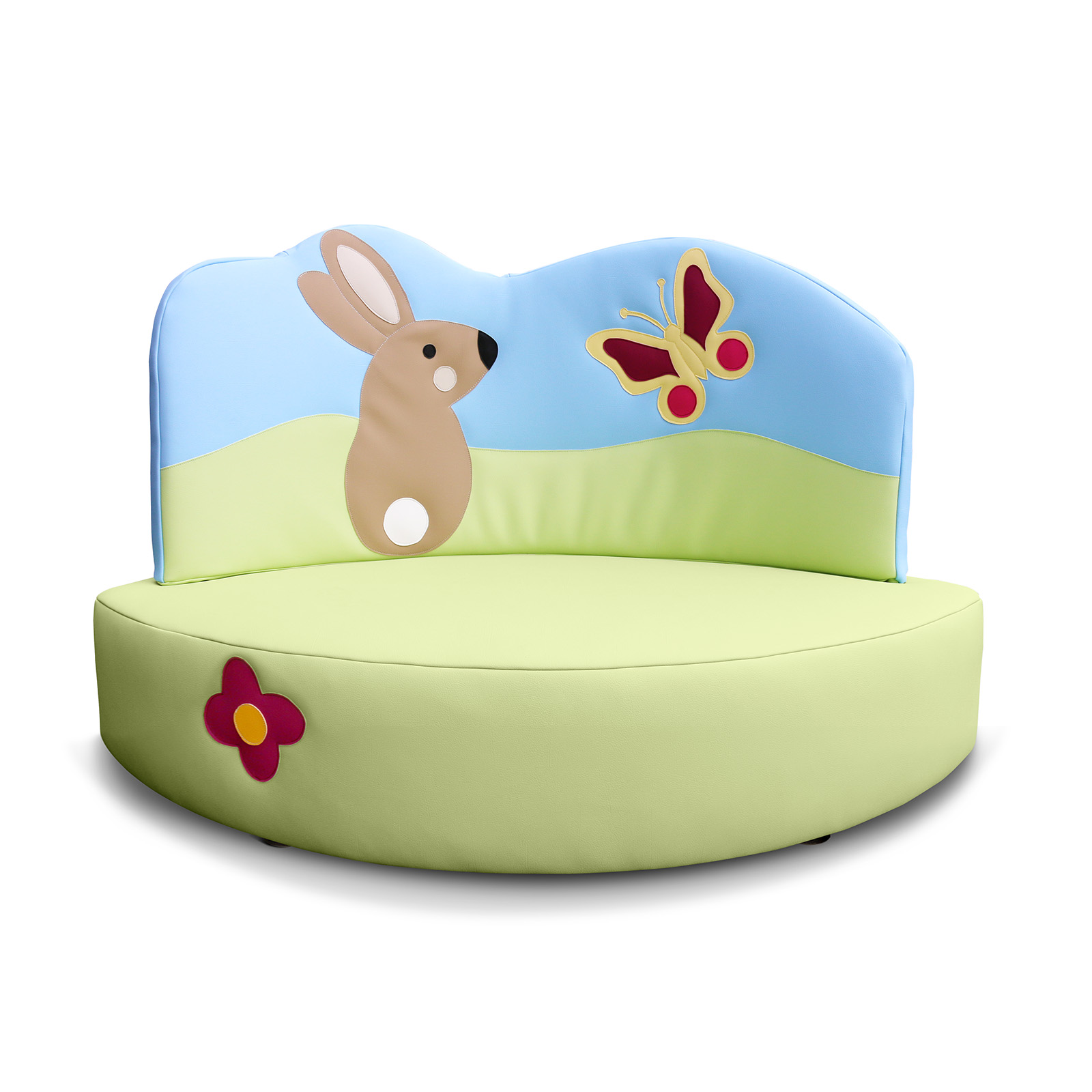 Frontalansicht des Kindersofas WIESE mit fröhlichem Wiesen-Motiv, erhältlich in Sitzhöhe 25 cm und 38 cm, ideal für Kita, Krippe und Zuhause