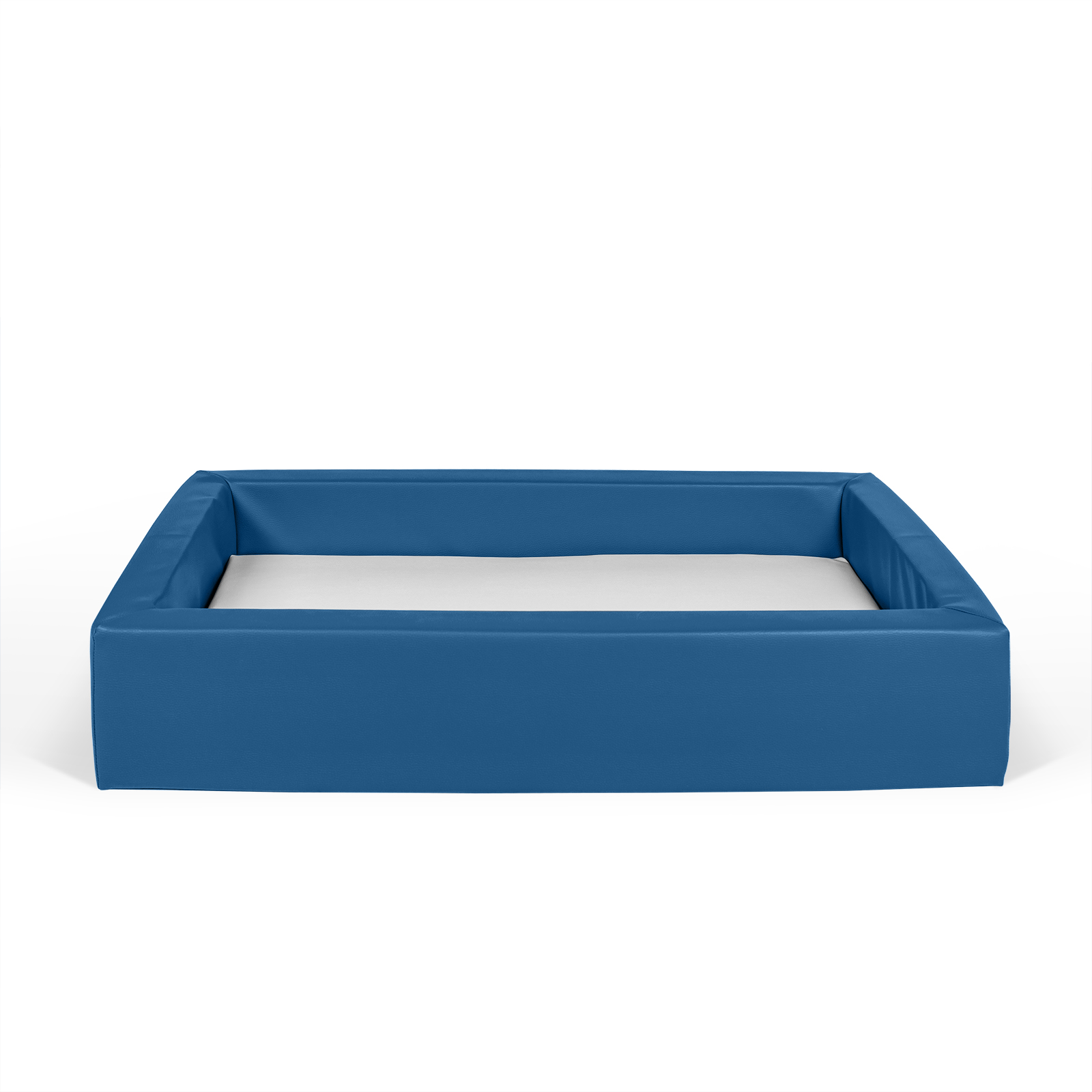 Babybett oder Kinderbett aus Vollschaum bezogen mit Kunstleder blau und einer hygienischen Matratze in Kunstleder weiß