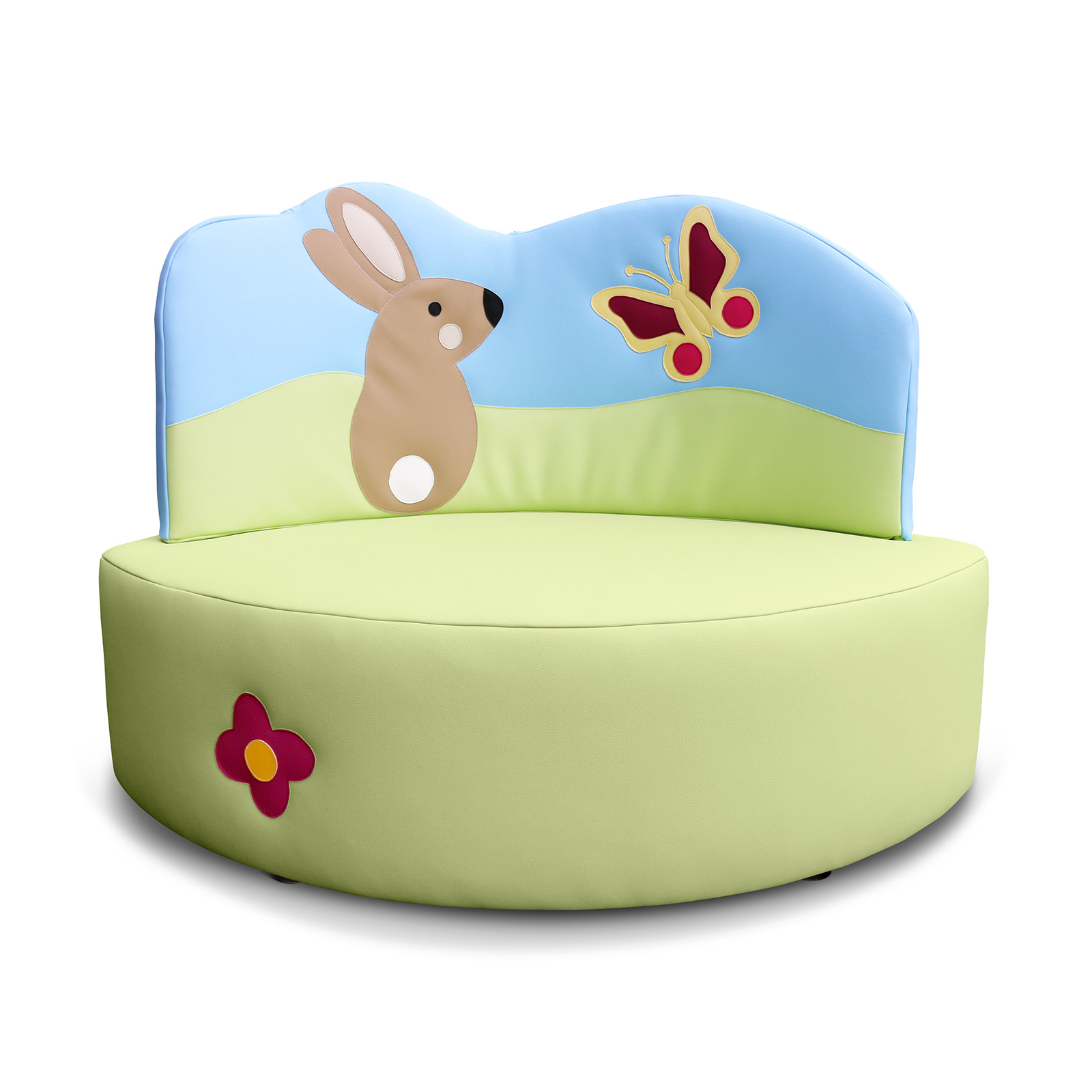Frontalansicht des Kindersofas WIESE mit fröhlichem Wiesen-Motiv, erhältlich in Sitzhöhe 25 cm und 38 cm, ideal für Kita, Krippe und Zuhause